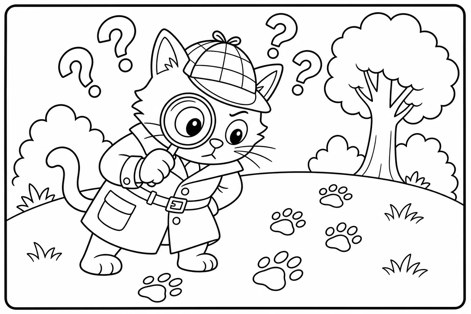 Cats detective cat — classic cats coloring page (ages 5–10)