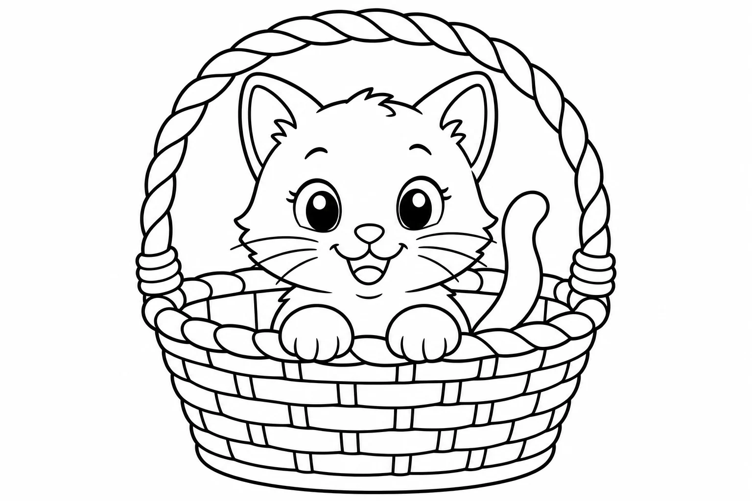 Cats kitten in basket — easy cats coloring page (ages 2–5)