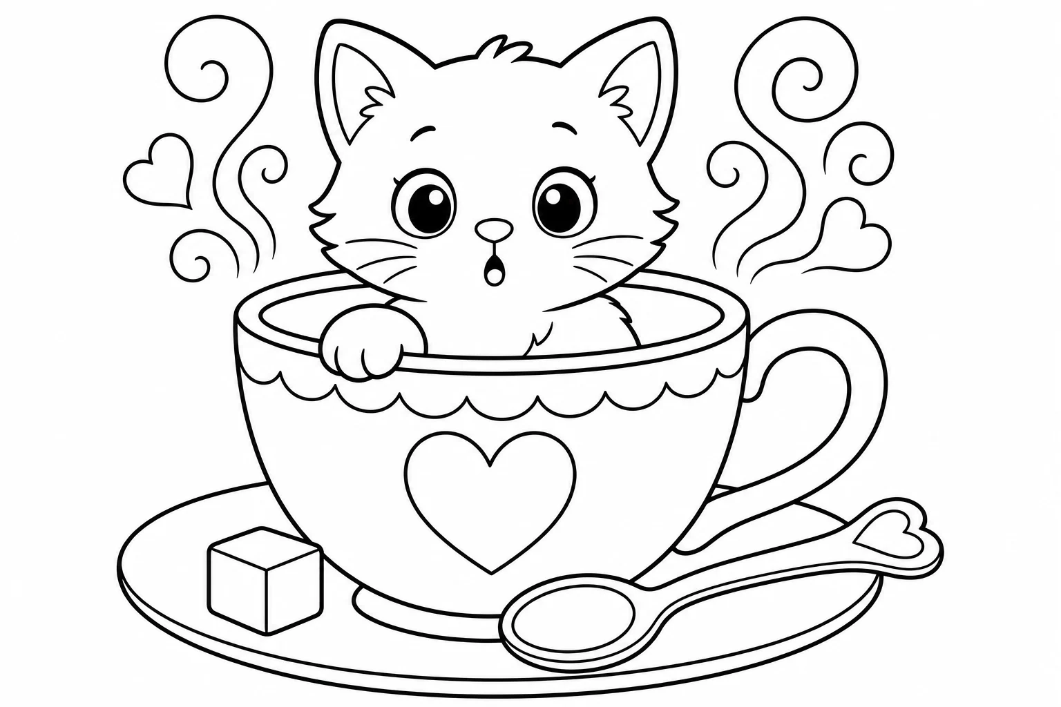 Cats kitten in teacup — classic cats coloring page (ages 5–10)