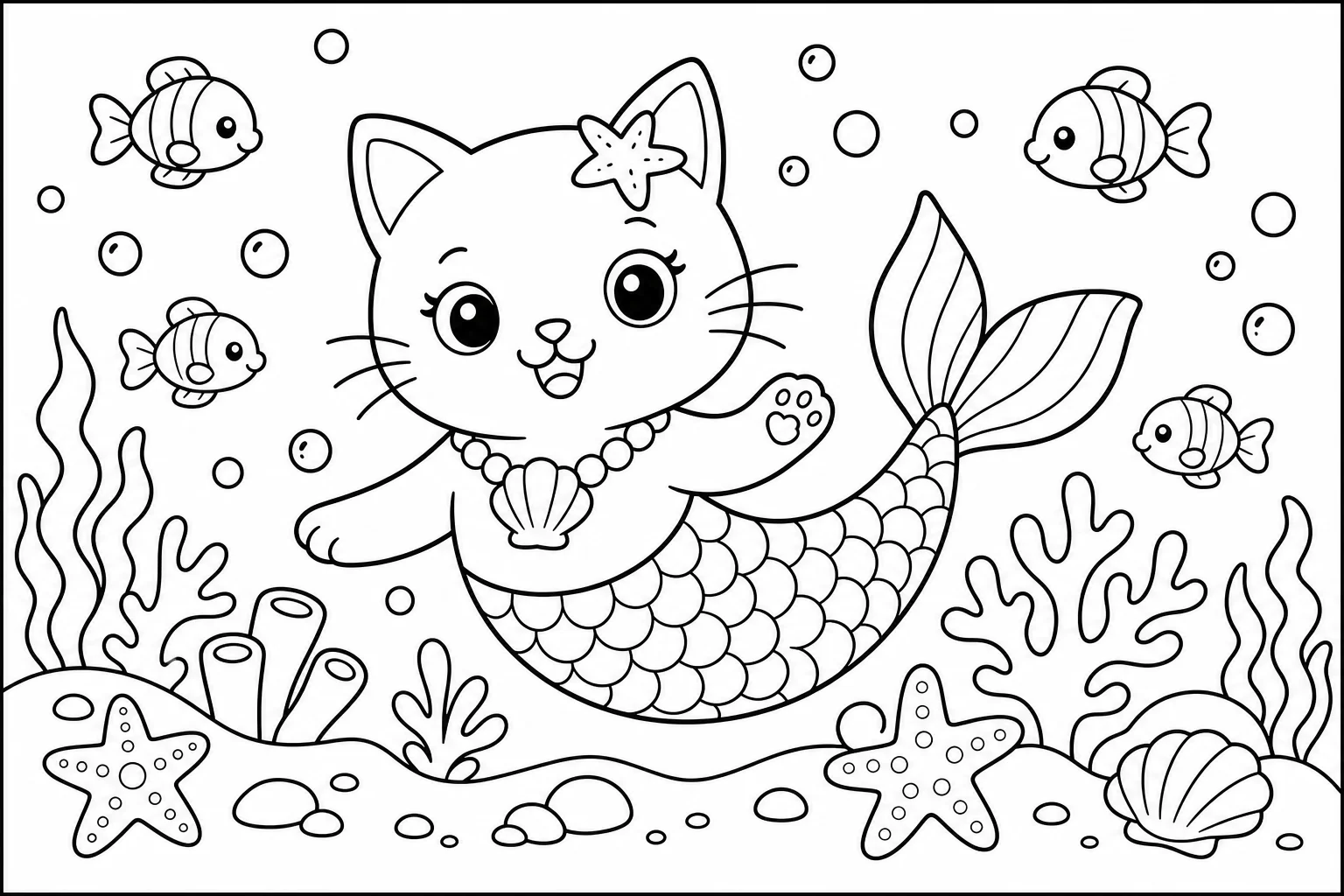 Cats mermaid cat — classic cats coloring page (ages 5–10)
