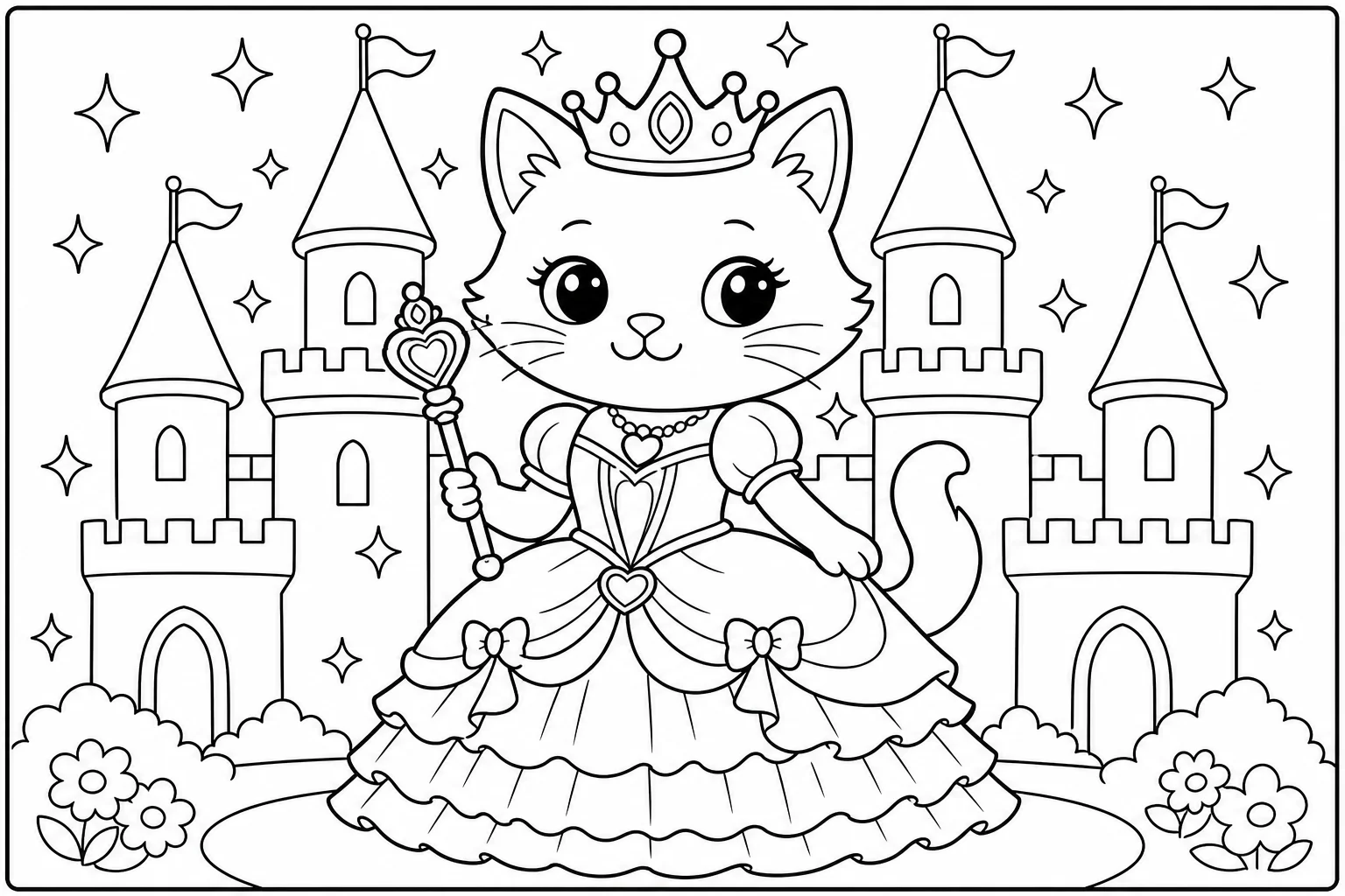 Cats princess cat — classic cats coloring page (ages 5–10)