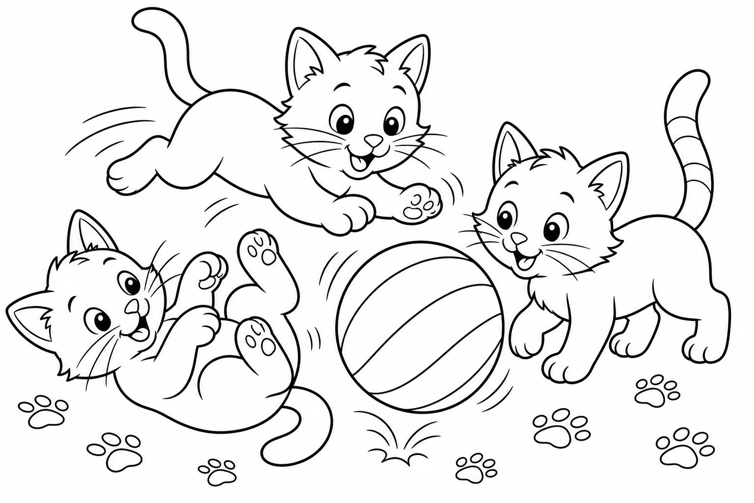 Cats three kittens ball — classic cats coloring page (ages 5–10)