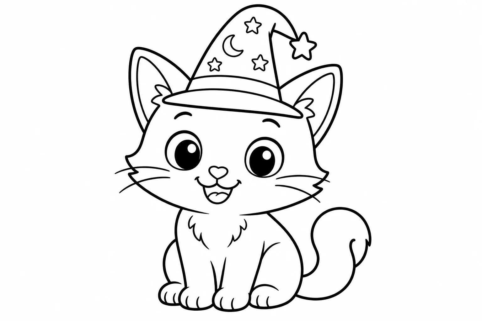 Cats wizard hat — classic cats coloring page (ages 5–10)