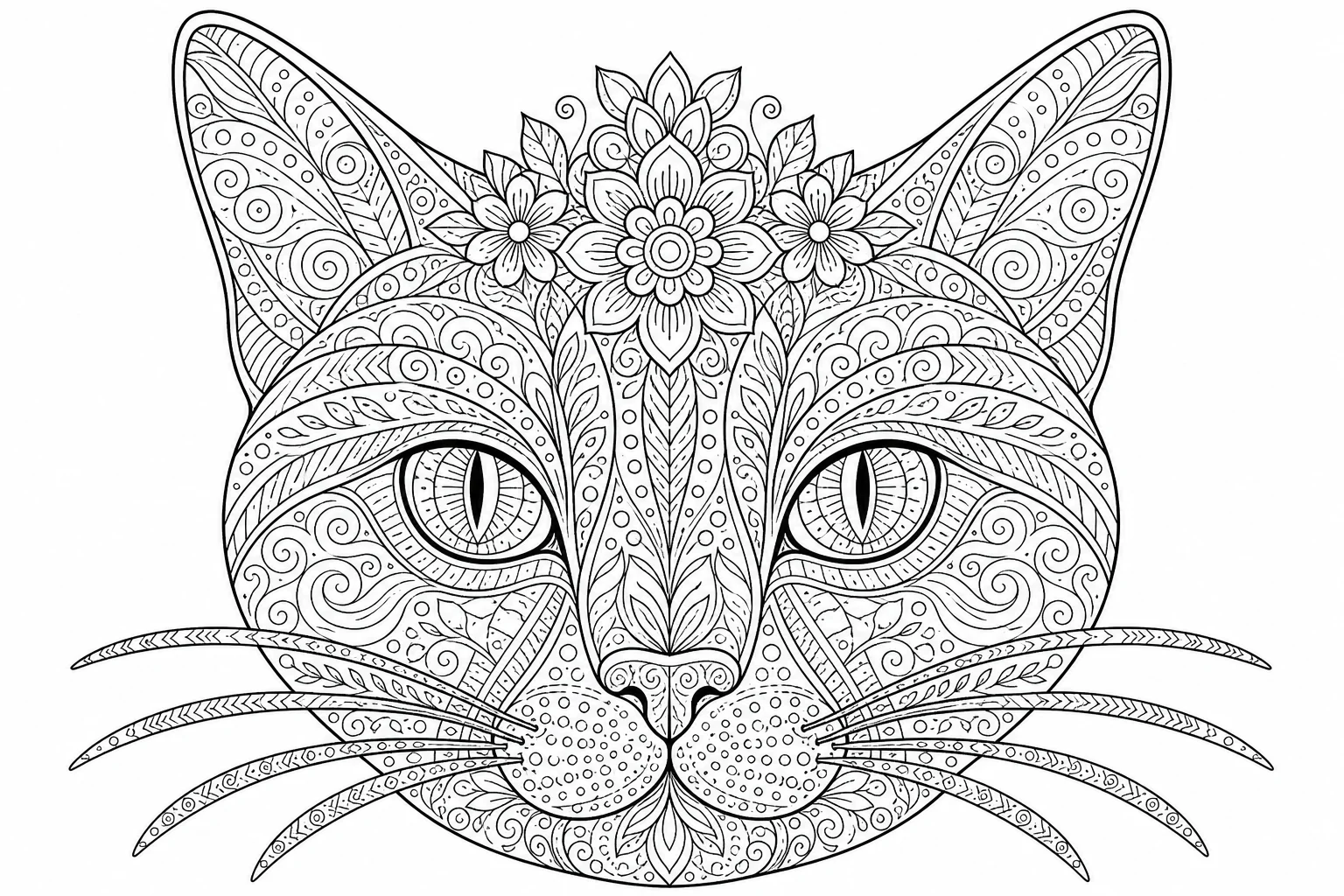 Cats zentangle face — detailed cats coloring page (ages 9+ & adults)