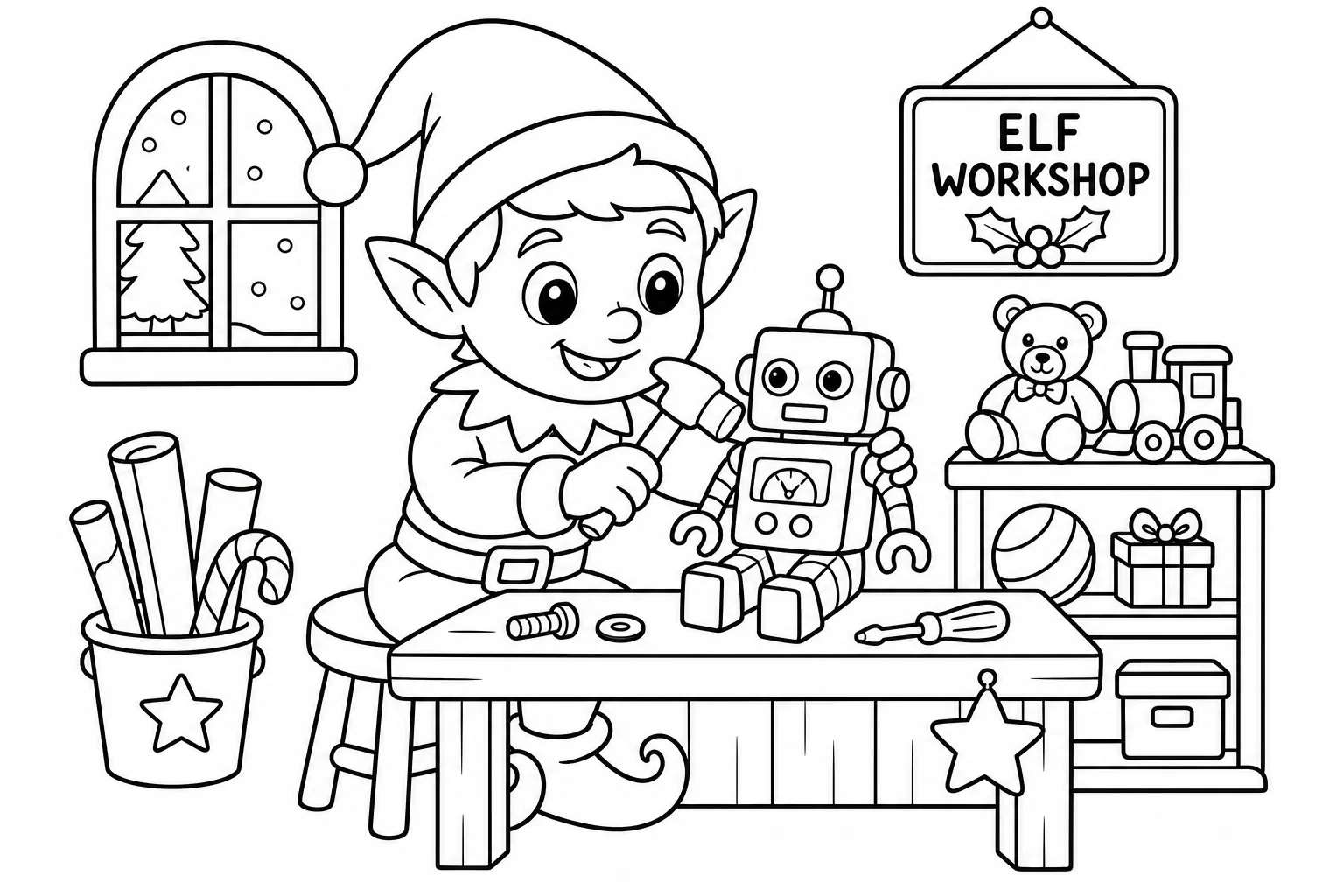 Christmas elf workshop — classic christmas coloring page (ages 5–10)