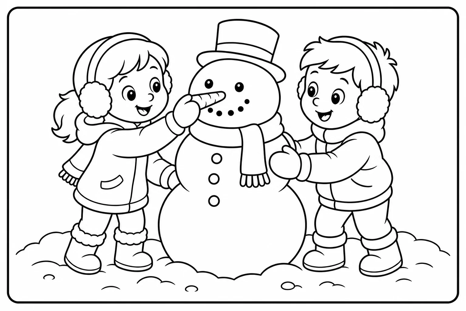 Christmas kids snowman — classic christmas coloring page (ages 5–10)