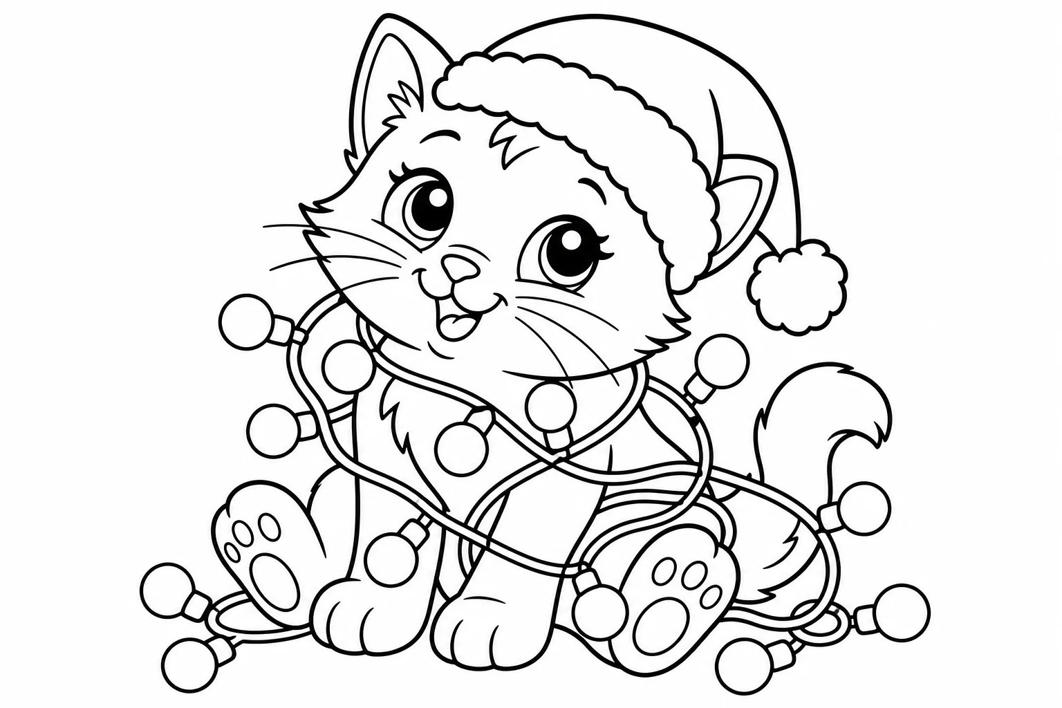 Christmas kitten lights — classic christmas coloring page (ages 5–10)