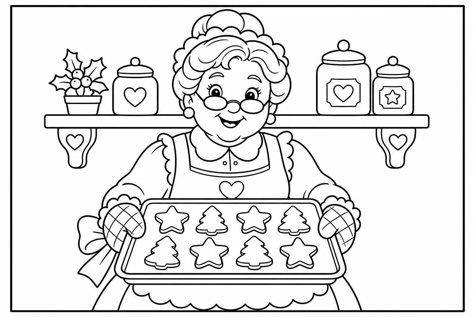 Christmas mrs claus cookies — classic christmas coloring page (ages 5–10)