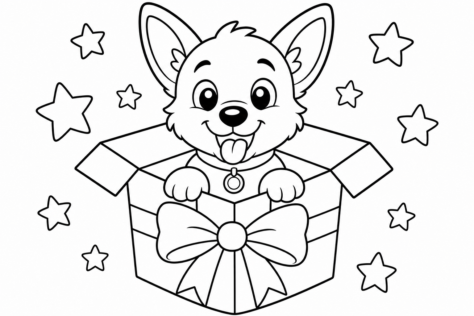 Christmas puppy gift box — classic christmas coloring page (ages 5–10)