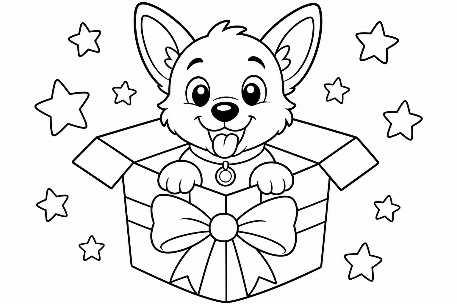 Christmas puppy gift box — classic christmas coloring page (ages 5–10)