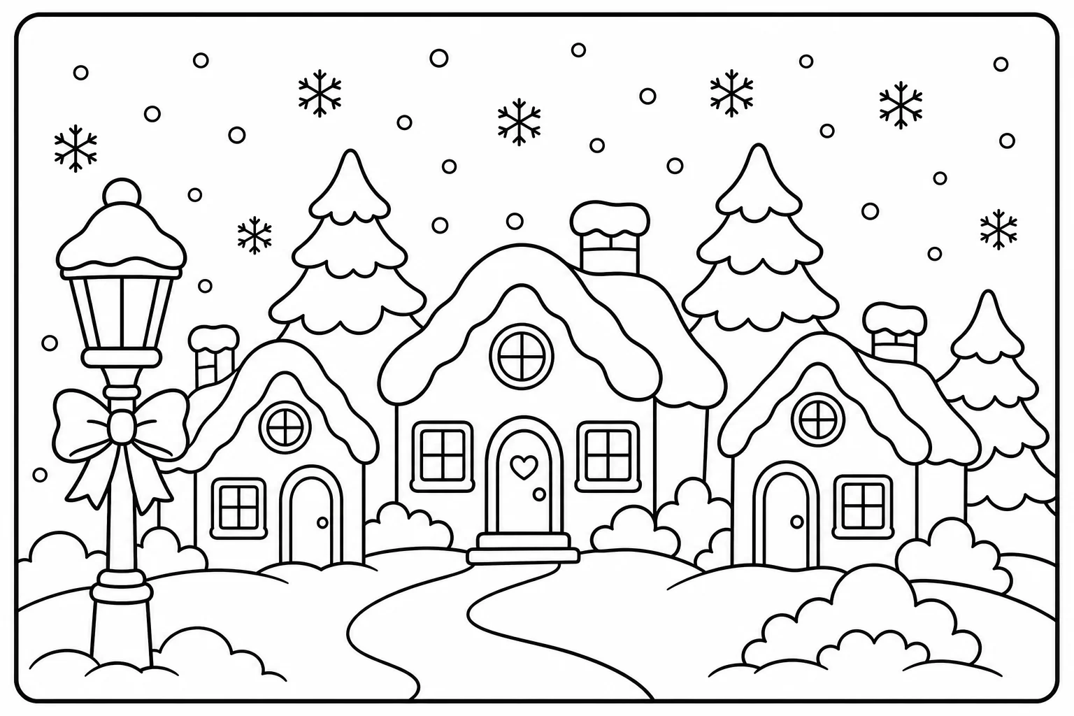 Christmas village scene — classic christmas coloring page (ages 5–10)