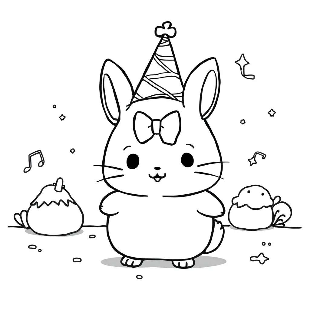 Cinnamoroll a chibi cinnamoroll smiling wearing a party hat — classic cinnamoroll coloring page (ages 5–10)