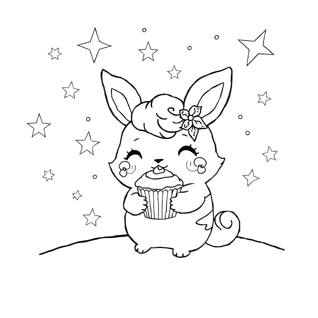 Cinnamoroll cinnamoroll holding a cupcake under the night sky with stars — detailed cinnamoroll coloring page (ages 9+ & adults)