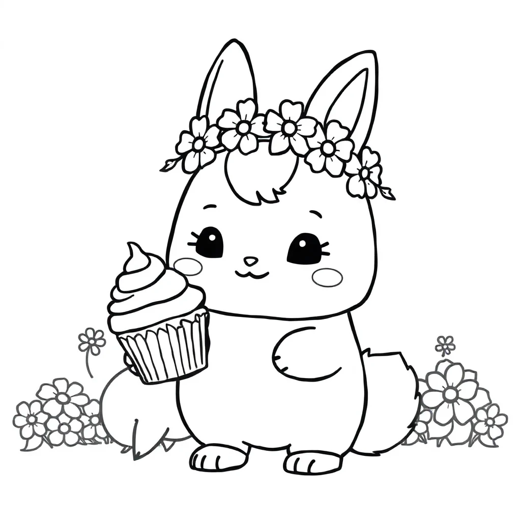 Cinnamoroll cinnamoroll holding a cupcake wearing a flower crown — classic cinnamoroll coloring page (ages 5–10)