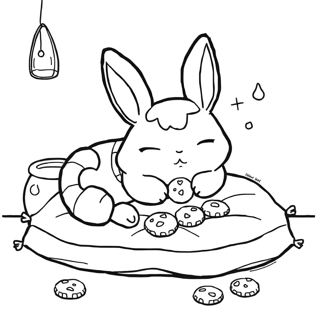 Cinnamoroll cinnamoroll napping on a pillow baking cookies — classic cinnamoroll coloring page (ages 5–10)
