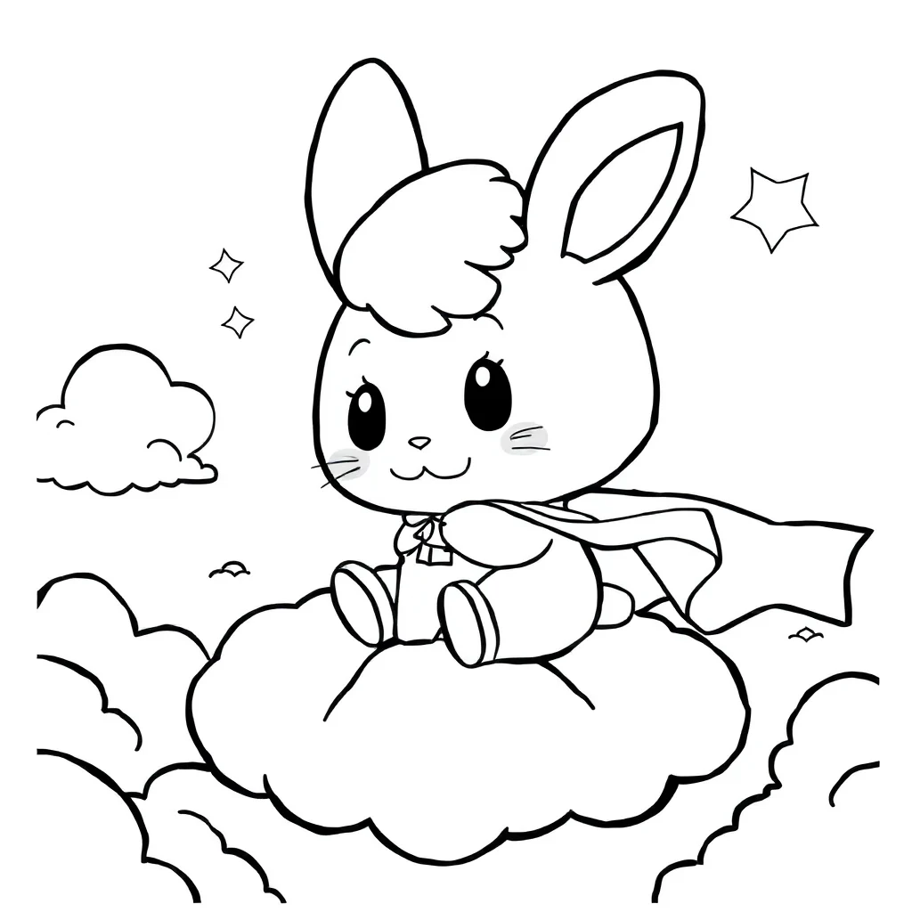 Cinnamoroll cinnamoroll sitting on a cloud in a superhero cape — classic cinnamoroll coloring page (ages 5–10)