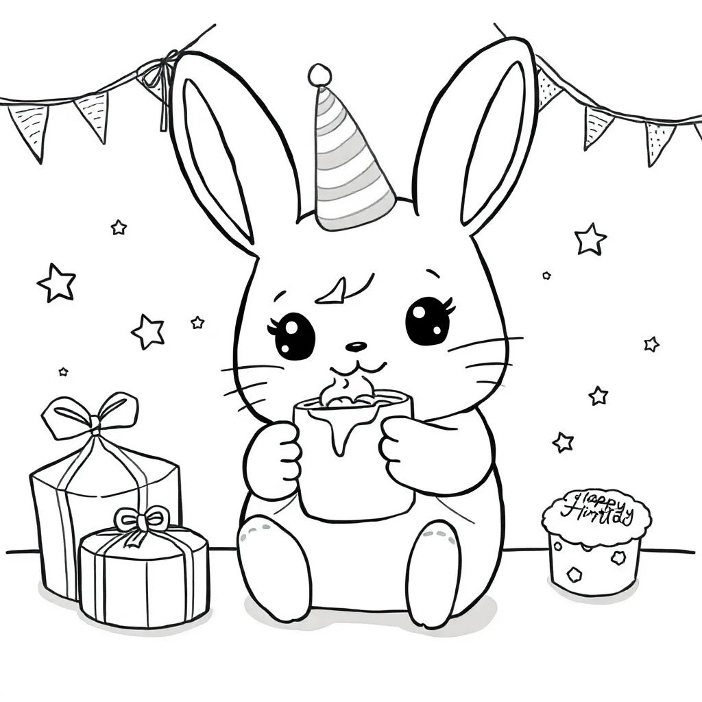 Cinnamoroll cinnamoroll with a cup of hot cocoa celebrating a birthday — classic cinnamoroll coloring page (ages 5–10)