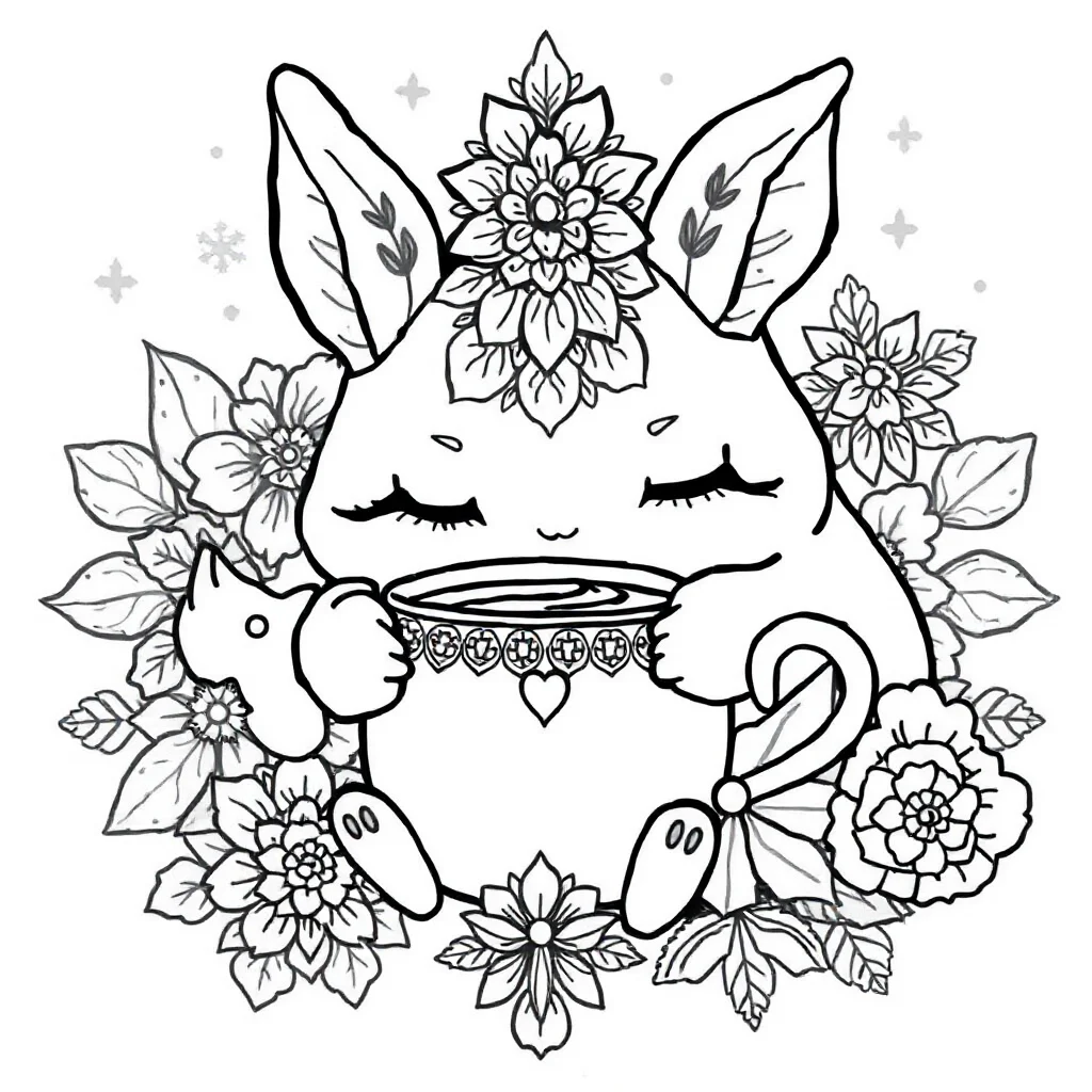 Cinnamoroll cinnamoroll with a cup of hot cocoa sleeping curled up — detailed cinnamoroll coloring page (ages 9+ & adults)