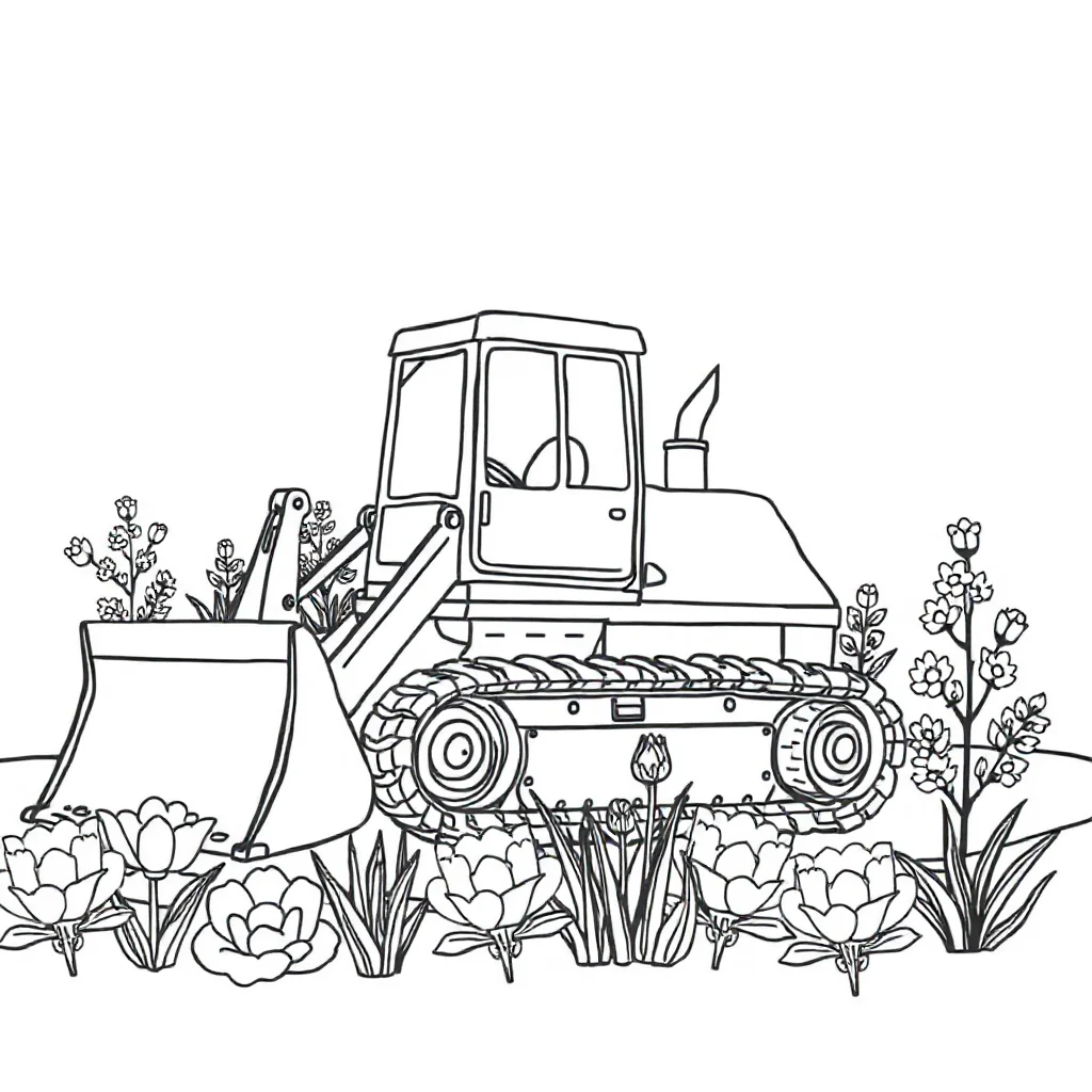 Construction a bulldozer in a flower garden — classic construction vehicles coloring page (ages 5–10)