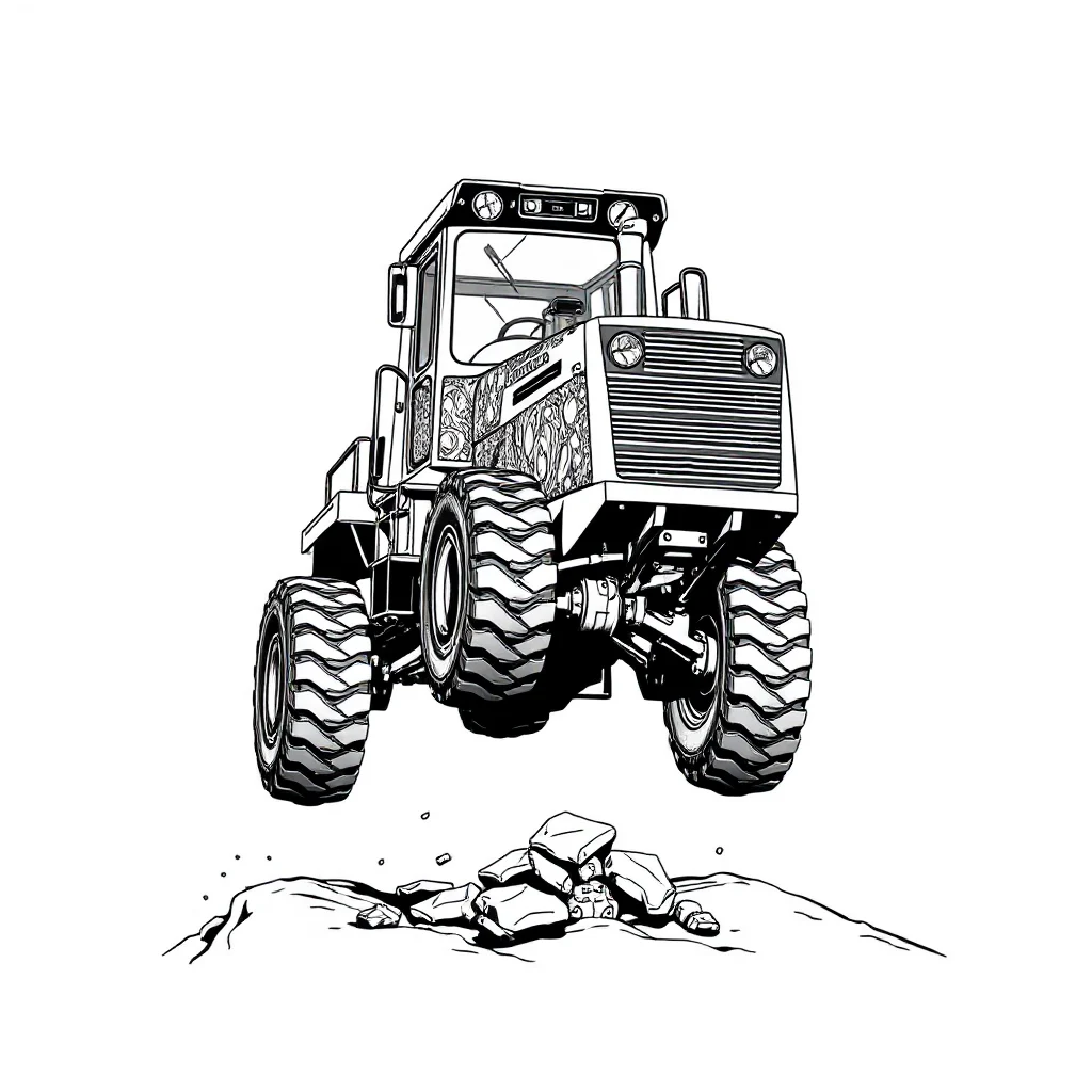 Construction a bulldozer leaping mid air — detailed construction vehicles coloring page (ages 9+ & adults)