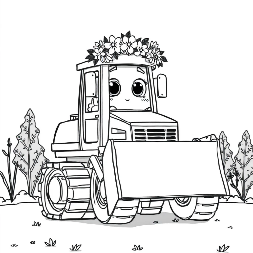 Construction a bulldozer wearing a flower crown — classic construction vehicles coloring page (ages 5–10)