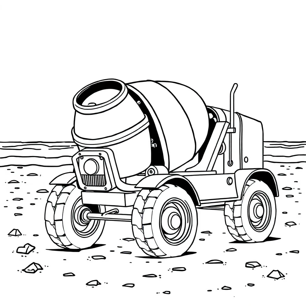 Construction a cement mixer on the beach — classic construction vehicles coloring page (ages 5–10)