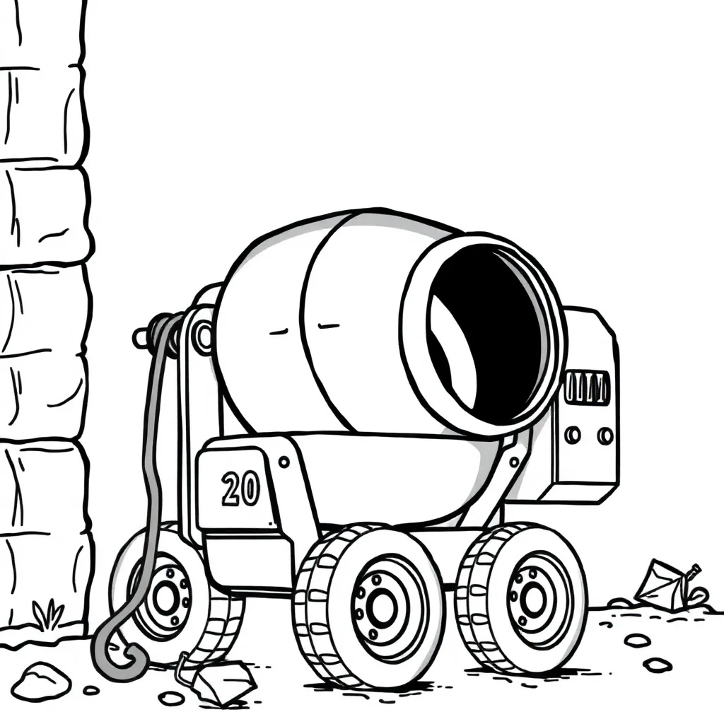 Construction a cement mixer peeking from behind something — classic construction vehicles coloring page (ages 5–10)