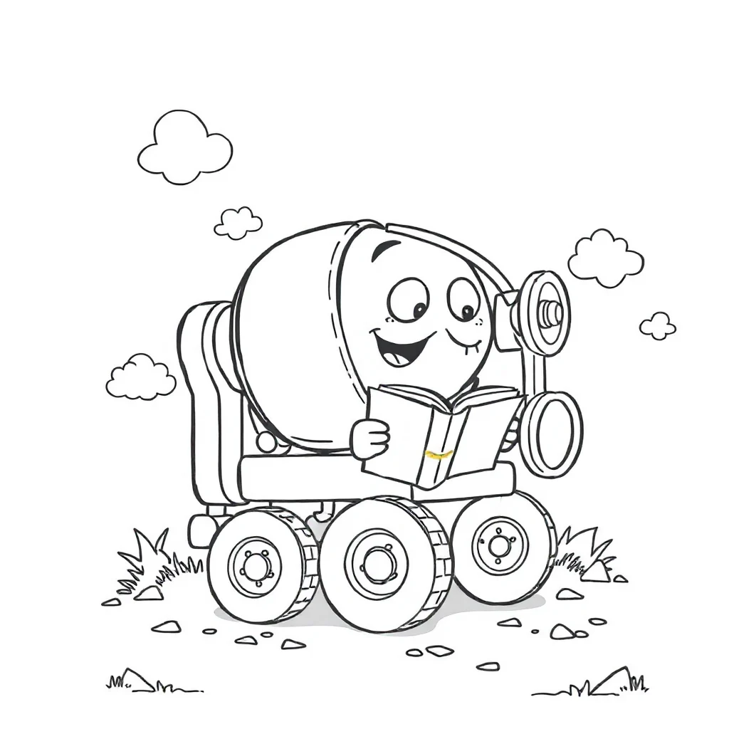 Construction a cement mixer reading a book — classic construction vehicles coloring page (ages 5–10)