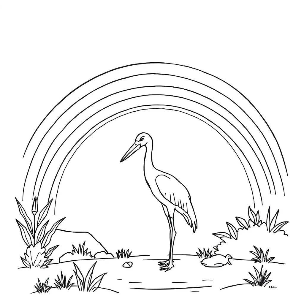 Construction a crane under a rainbow — classic construction vehicles coloring page (ages 5–10)