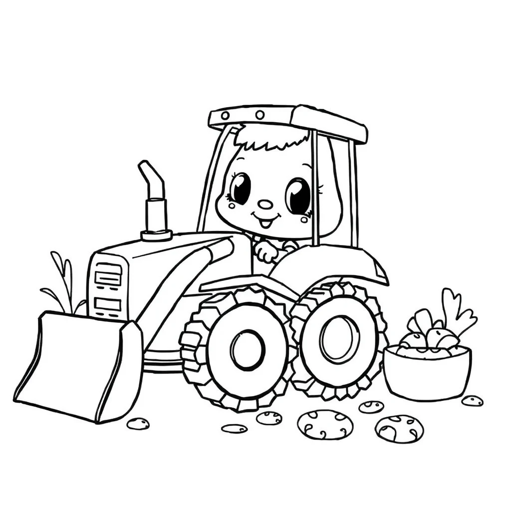 Construction a cute digger baking cookies — classic construction vehicles coloring page (ages 5–10)