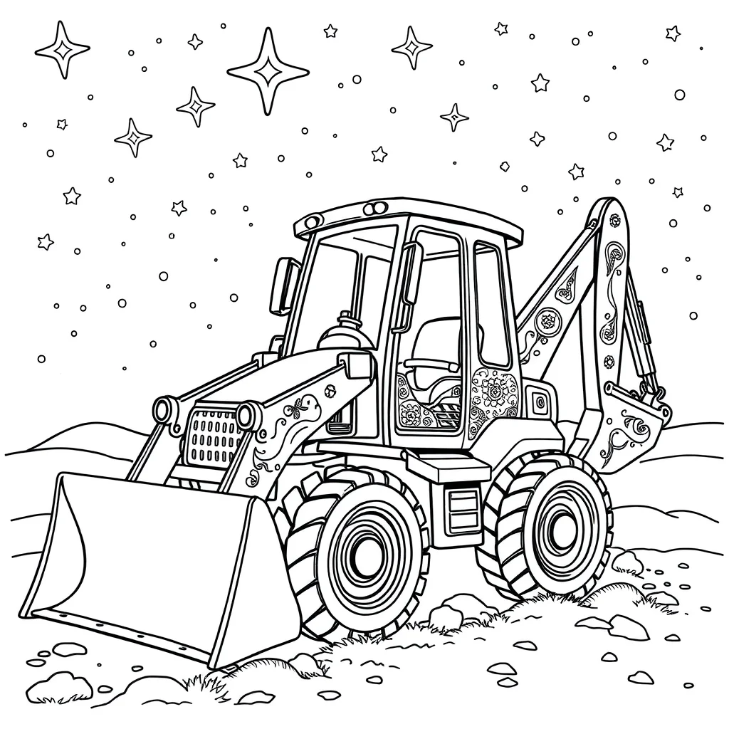 Construction a cute digger under the night sky with stars — detailed construction vehicles coloring page (ages 9+ & adults)