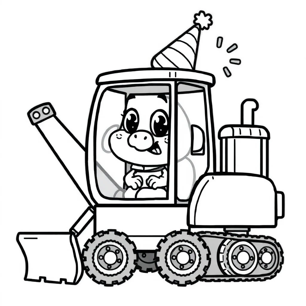 Construction a cute digger wearing a party hat — classic construction vehicles coloring page (ages 5–10)
