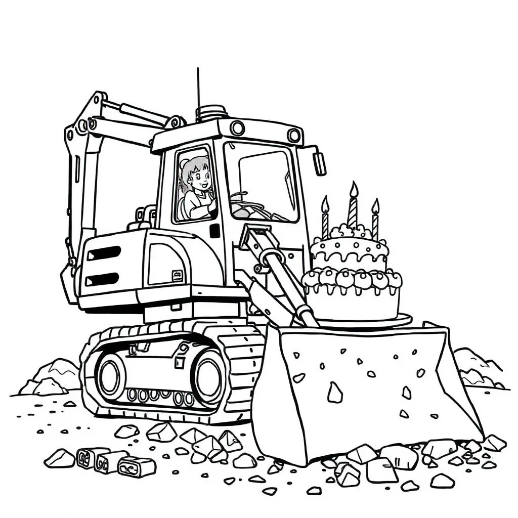 Construction an excavator digging celebrating a birthday — classic construction vehicles coloring page (ages 5–10)