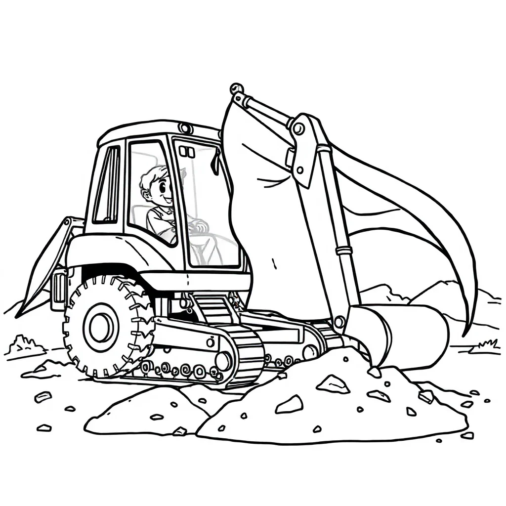 Construction an excavator digging in a superhero cape — classic construction vehicles coloring page (ages 5–10)