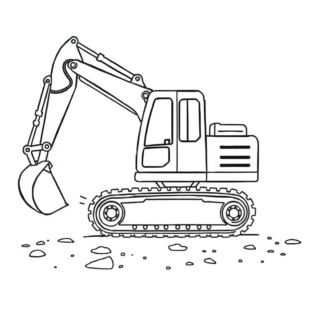 Construction an excavator digging running — easy construction vehicles coloring page (ages 2–5)