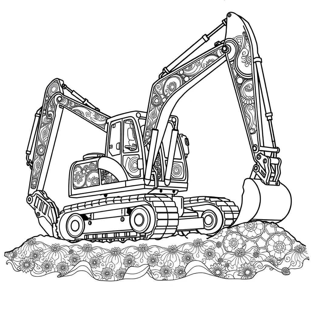 Construction an excavator digging sitting — detailed construction vehicles coloring page (ages 9+ & adults)