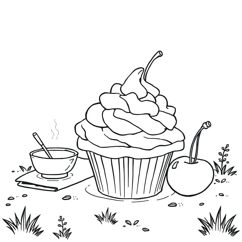 Cupcakes a cupcake with a cherry having a picnic — classic cupcakes coloring page (ages 5–10)