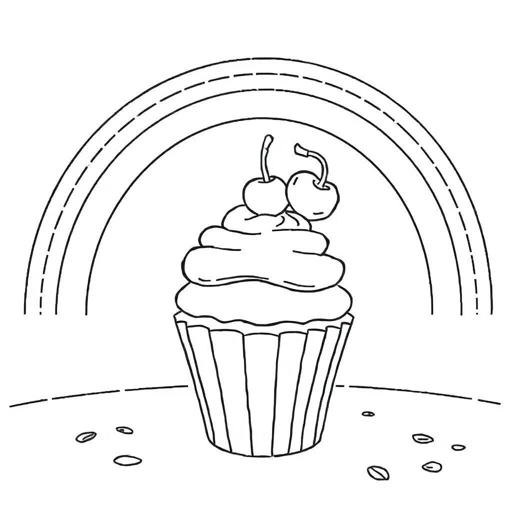 Cupcakes a cupcake with a cherry under a rainbow — classic cupcakes coloring page (ages 5–10)