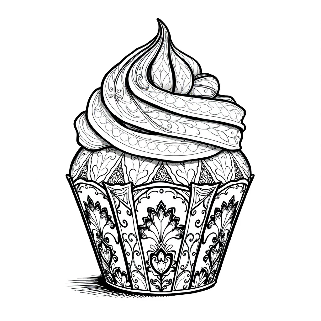 Cupcakes a cupcake with frosting sitting — detailed cupcakes coloring page (ages 9+ & adults)