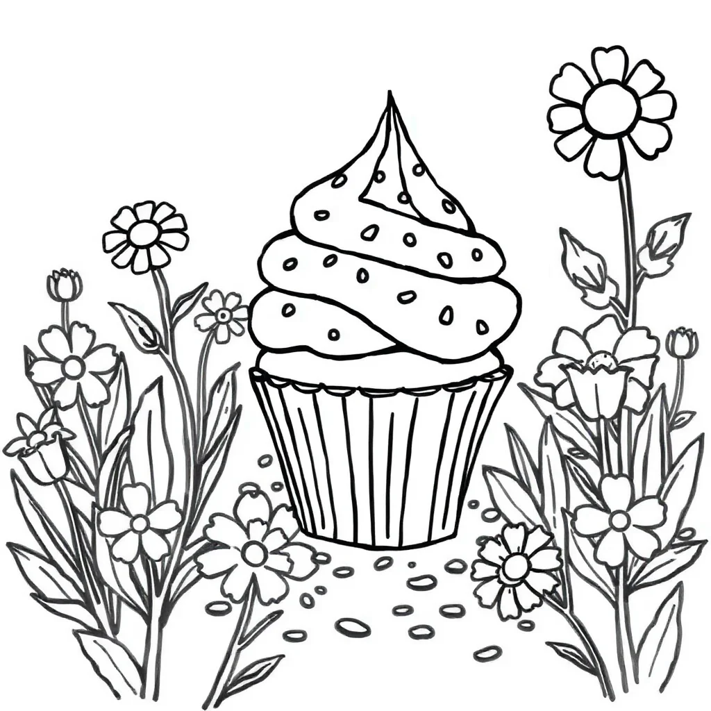 Cupcakes a cupcake with sprinkles in a flower garden — classic cupcakes coloring page (ages 5–10)
