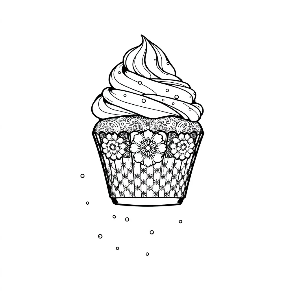 Cupcakes a cupcake with sprinkles leaping mid air — detailed cupcakes coloring page (ages 9+ & adults)