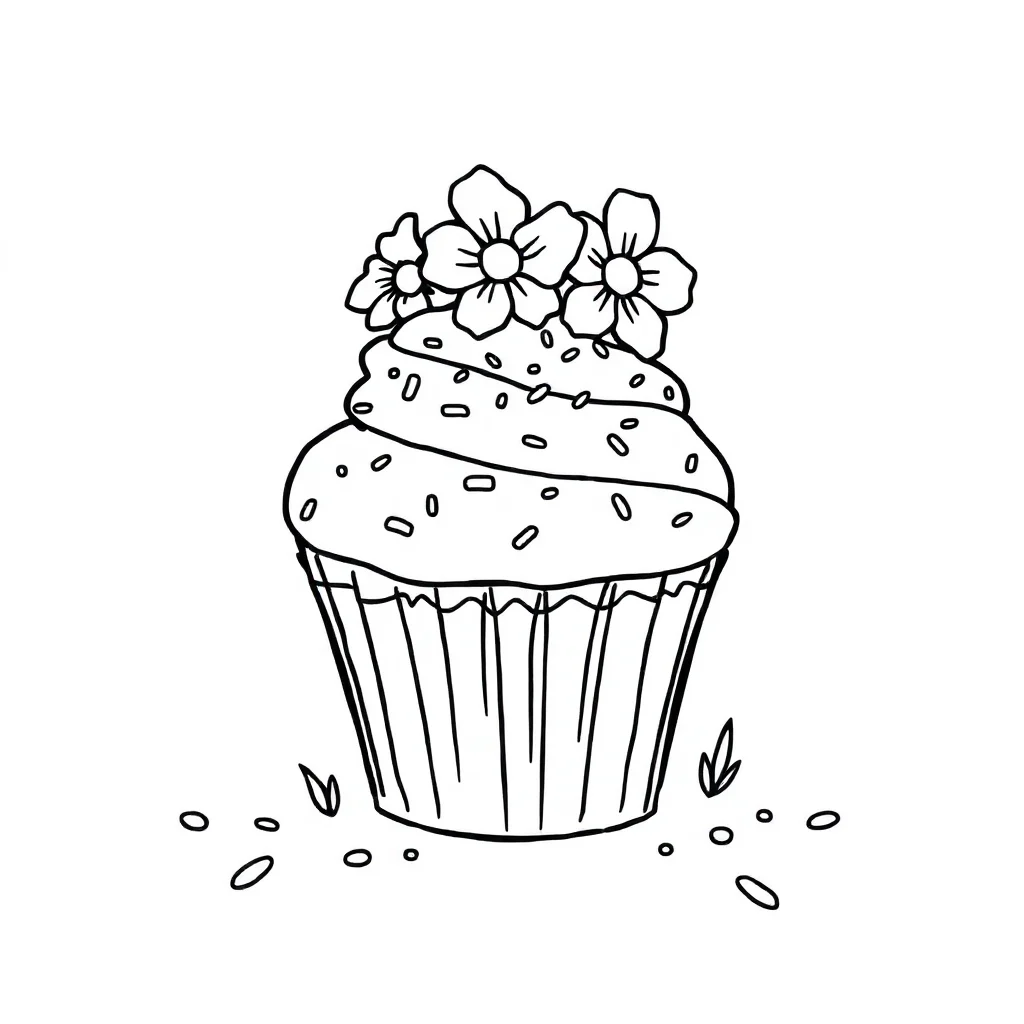 Cupcakes a cupcake with sprinkles wearing a flower crown — classic cupcakes coloring page (ages 5–10)