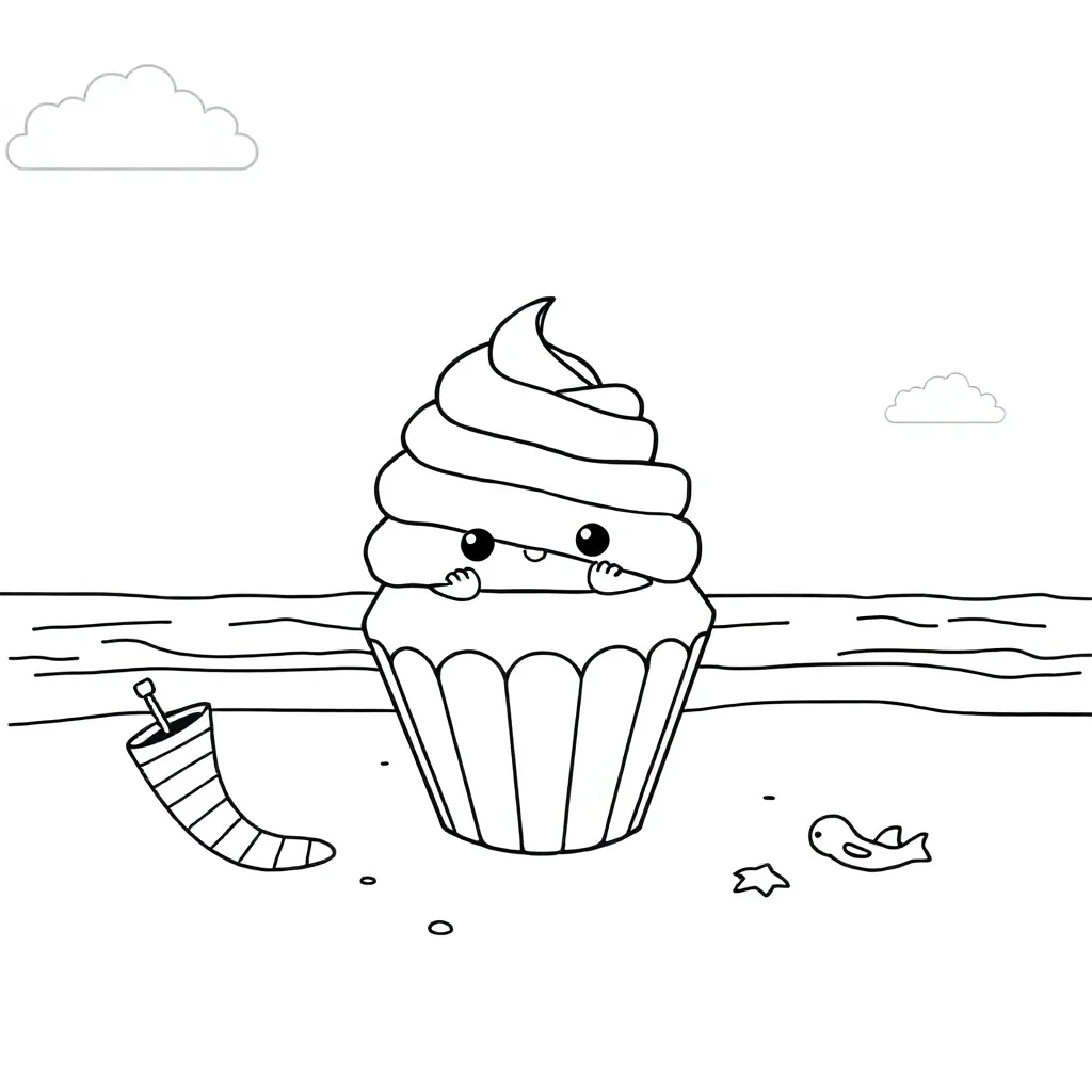 Cupcakes a cute cupcake on the beach — classic cupcakes coloring page (ages 5–10)