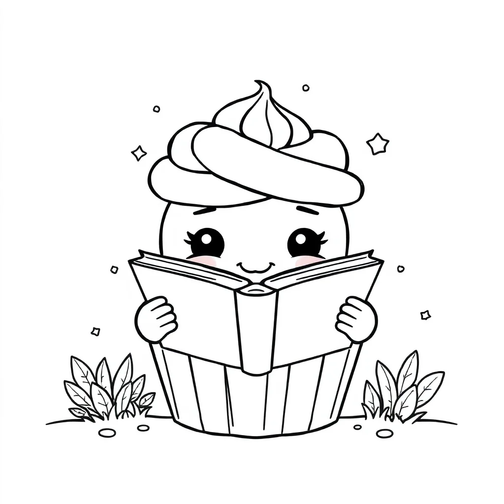 Cupcakes a cute cupcake reading a book — classic cupcakes coloring page (ages 5–10)