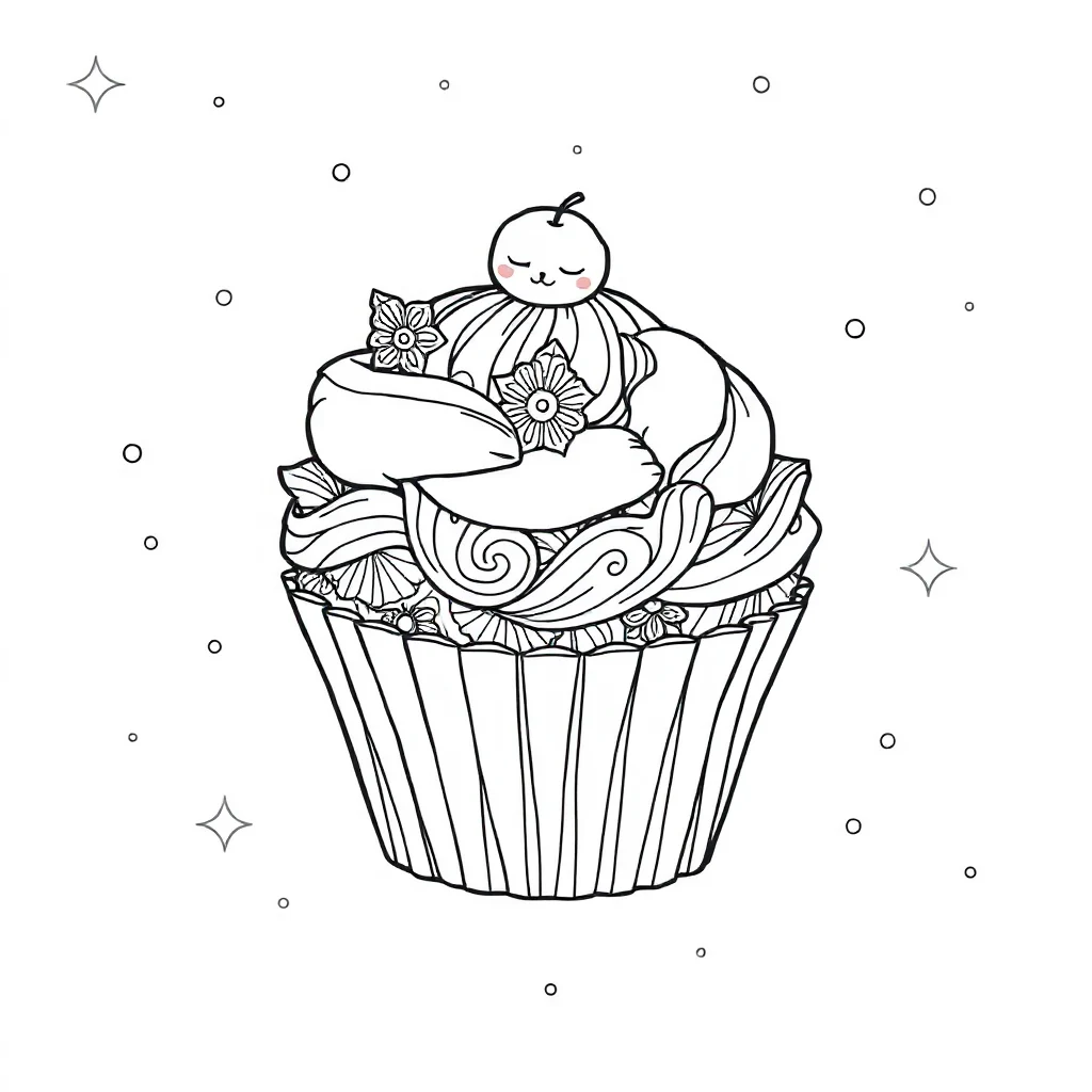 Cupcakes a cute cupcake sleeping curled up — detailed cupcakes coloring page (ages 9+ & adults)