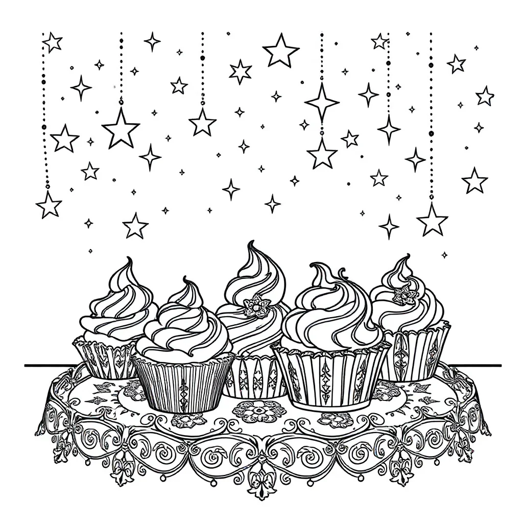 Cupcakes a tray of cupcakes under the night sky with stars — detailed cupcakes coloring page (ages 9+ & adults)
