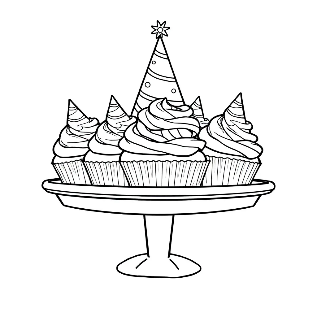 Cupcakes a tray of cupcakes wearing a party hat — classic cupcakes coloring page (ages 5–10)