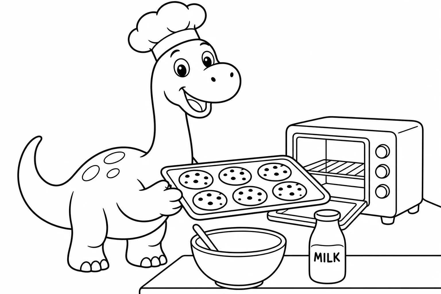 Dinosaurs baker dino — classic dinosaurs coloring page (ages 5–10)