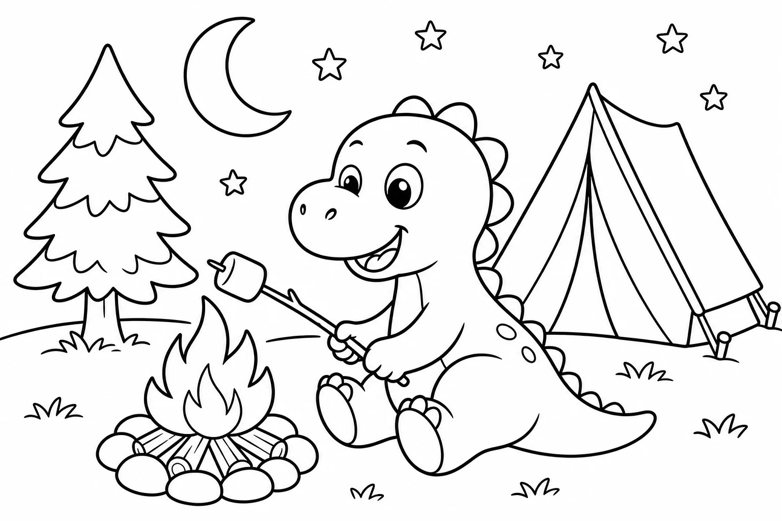 Dinosaurs camping dino — classic dinosaurs coloring page (ages 5–10)