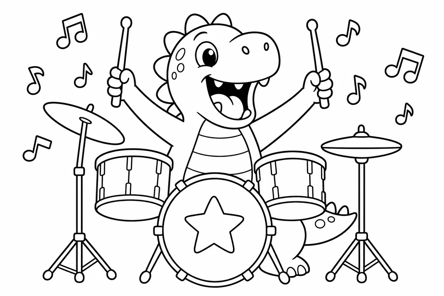 Dinosaurs drummer dino — classic dinosaurs coloring page (ages 5–10)